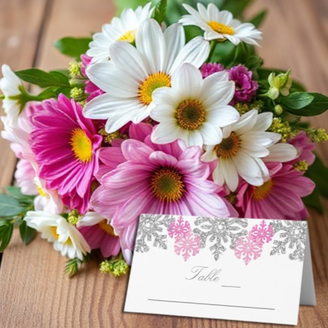 Silver Pink Snowflakes Winter Wedding Place Card (Creator Uploaded)