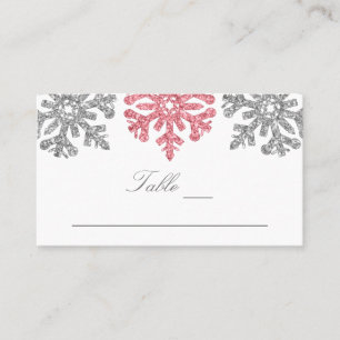 Silver Pink Snowflakes Winter Wedding Place Card