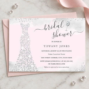 Silver Pink Sparkle Diamond Dress Bridal Shower Invitation