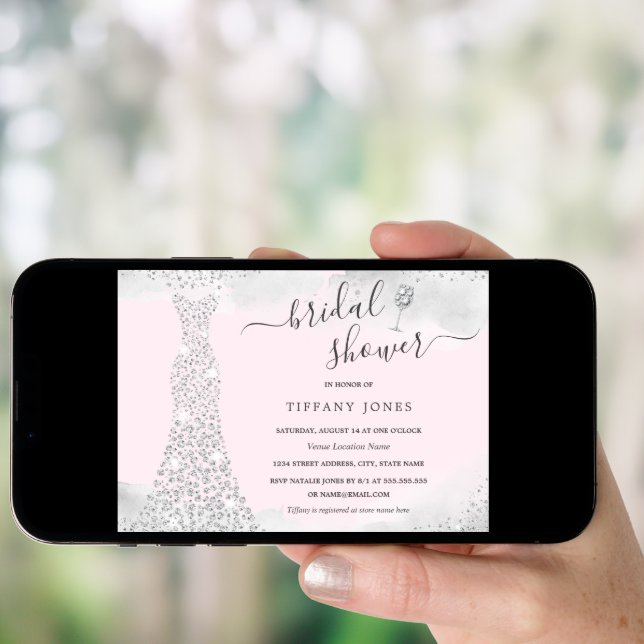 Silver Pink Sparkle Diamond Dress Bridal Shower  Invitation (Front Digital)