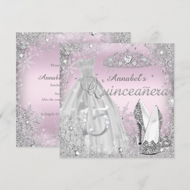 Silver Pink Sparkle Dress Tiara Quinceanera Invitation (Front/Back)