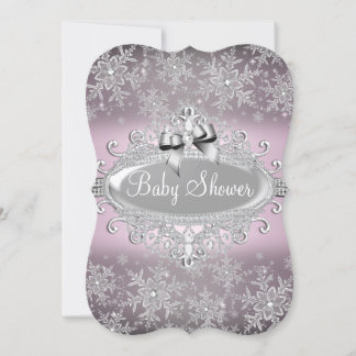 Silver Pink Sparkle Snowflake Baby Shower Invite