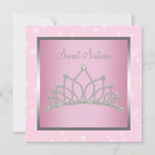 Silver Pink Sparkles Sweet Sixteen Birthday Party Announcement