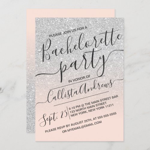 Silver Pink Sparkly Glitter Ombre Bachelorette Invitation