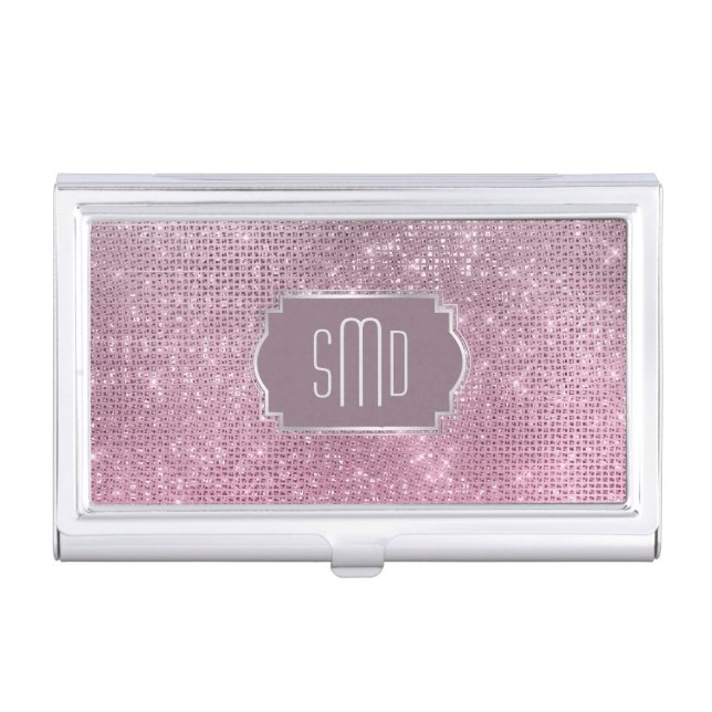 Silver Pink Star Sparkle Monogram Business Card Case (Front)
