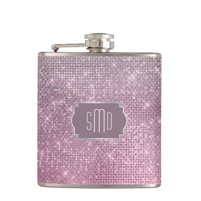 Silver Pink Star Sparkle Monogram Flask (Front)