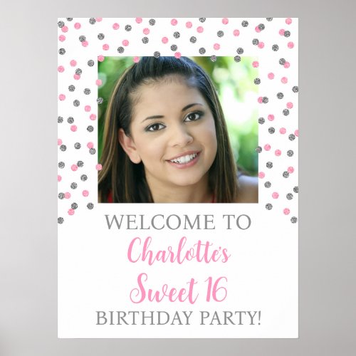 Silver Pink Sweet 16 Birthday 18x24 Photo Poster