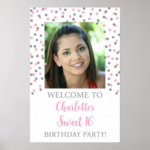 Silver Pink Sweet 16 Birthday Custom 12x18 Photo Poster