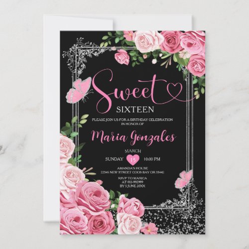 Silver Pink Sweet Sixteen 16th Girl Birthday Party Invitation