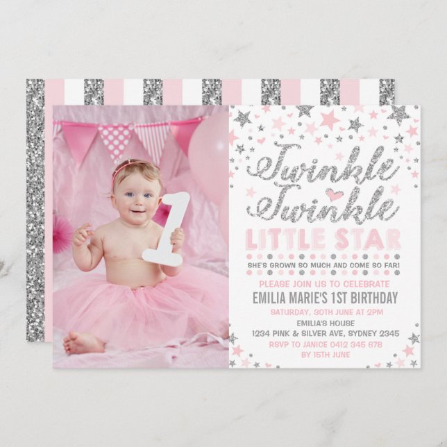 Silver & Pink Twinkle Little Star Birthday Invite (Front/Back)