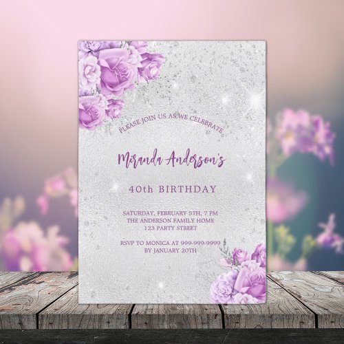 Silver pink violet flowers birthday invitation