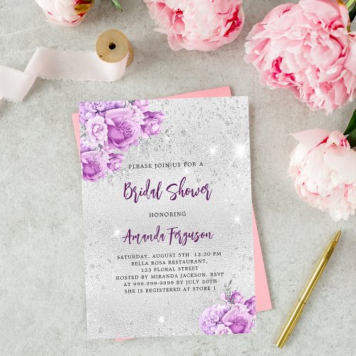 Silver pink violet flowers Bridal Shower Invitation Postcard