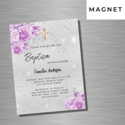 Silver pink violet flowers girl luxury Baptism Magnetic Invitation