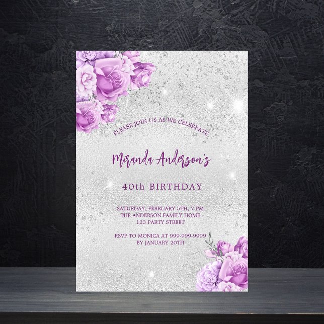 Silver pink violet flowers luxury birthday invitation (Creator Uploaded)