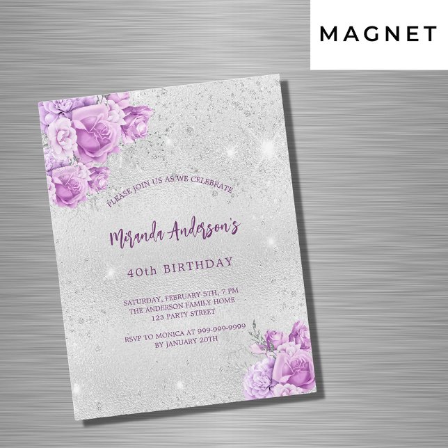 Silver pink violet flowers luxury birthday magnetic invitation (Creator Uploaded)