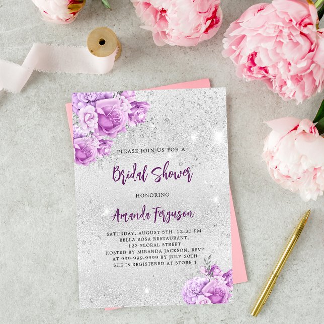 Silver pink violet flowers luxury Bridal Shower Invitation (Creator Uploaded)