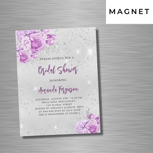 Silver pink violet flowers luxury Bridal Shower Magnetic Invitation