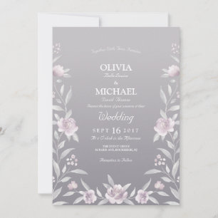 Silver pink watercolor floral Chinoiserie Wedding Invitation