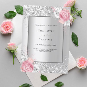 Silver pink white floral 25th wedding anniversary invitation