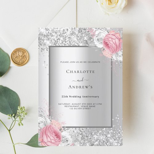 Silver pink white floral 25th wedding anniversary invitation