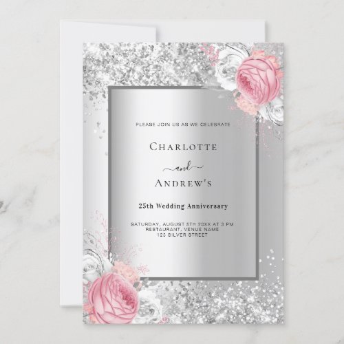 Silver pink white floral 25th wedding anniversary invitation