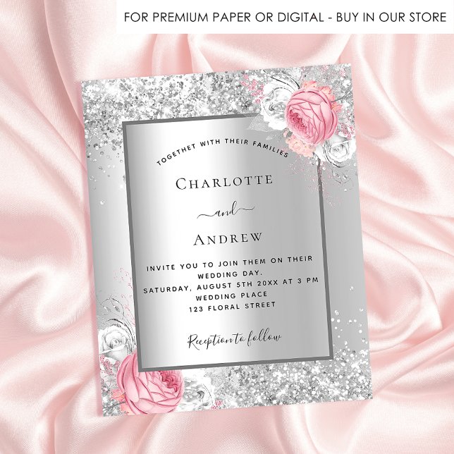 Silver pink white floral budget wedding invitation flyer (Creator Uploaded)