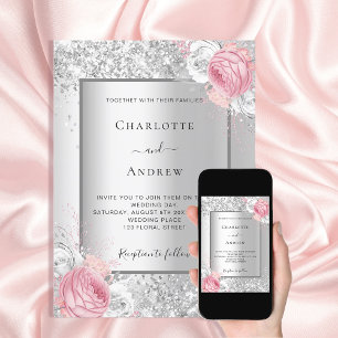 Silver pink white floral elegant wedding invitation