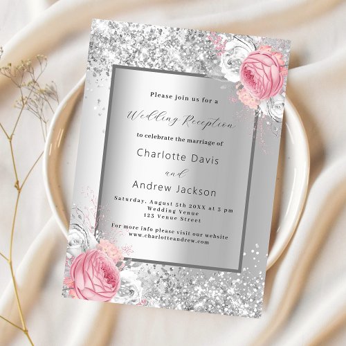 Silver pink white floral elegant wedding reception invitation