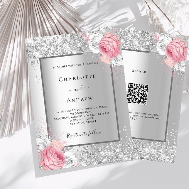 Silver pink white floral QR code RSVP wedding Invitation (Creator Uploaded)