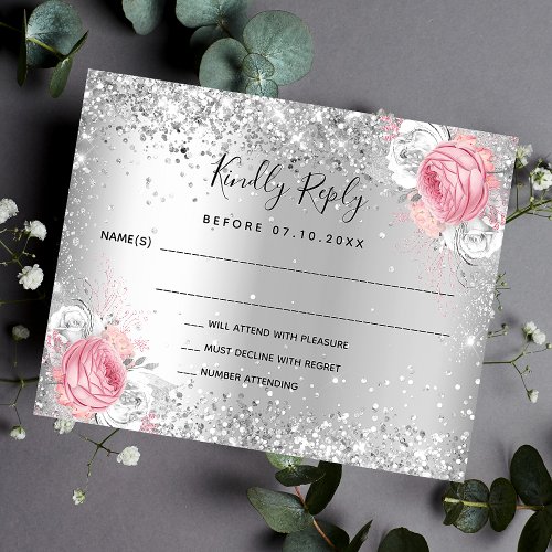 Silver pink white florals budget wedding RSVP Flyer