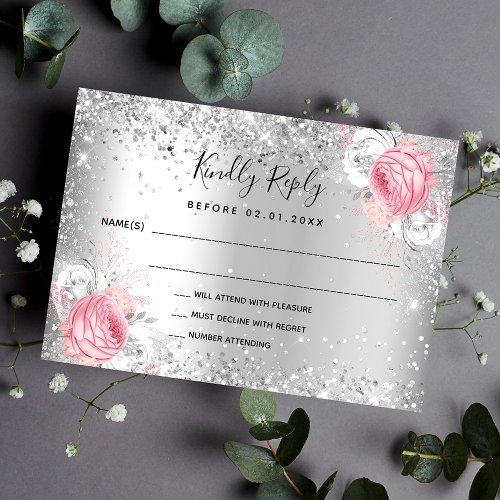 Silver pink white florals glitter wedding RSVP Note Card