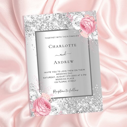 Silver pink white florals luxury wedding invitation
