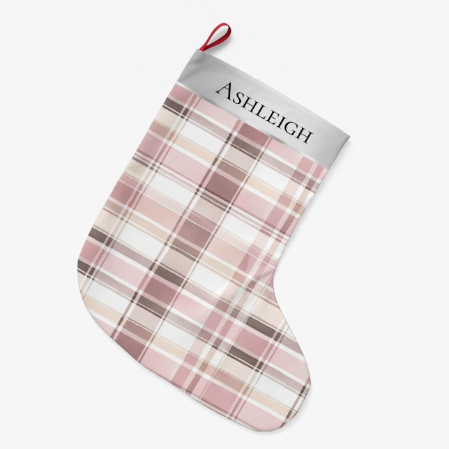 Silver Pink White Plaid Stripes Christmas  Large Christmas Stocking (Front (Hanging))