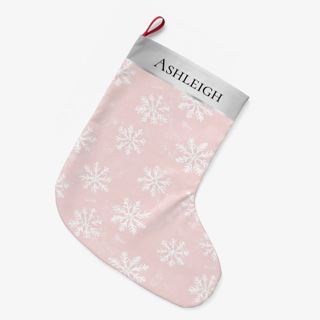Silver Pink White Snowflakes Christmas  Large Christmas Stocking (Front (Hanging))