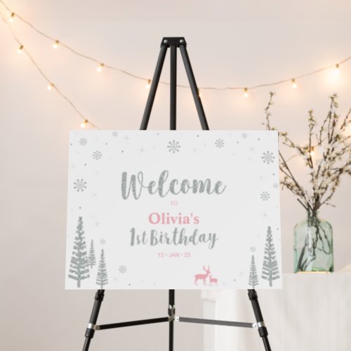Silver  Pink Winter 1st Birthday Party Welcome Fo Foam Board