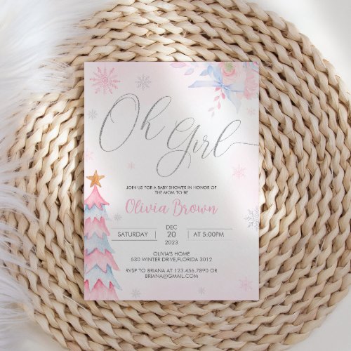 Silver  Pink Winter Oh Girl Baby Shower Invitation