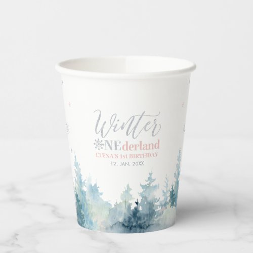 Silver  Pink Winter Onderland 1st Birthday Party Paper Cups