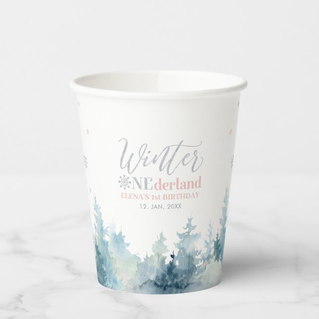 Silver & Pink Winter Onderland 1st Birthday Party Paper Cups (Left)