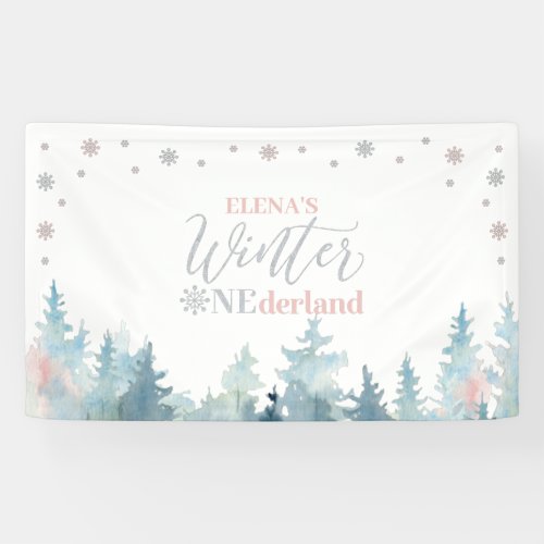 Silver  Pink Winter Onederland 1st Birthday Party Banner