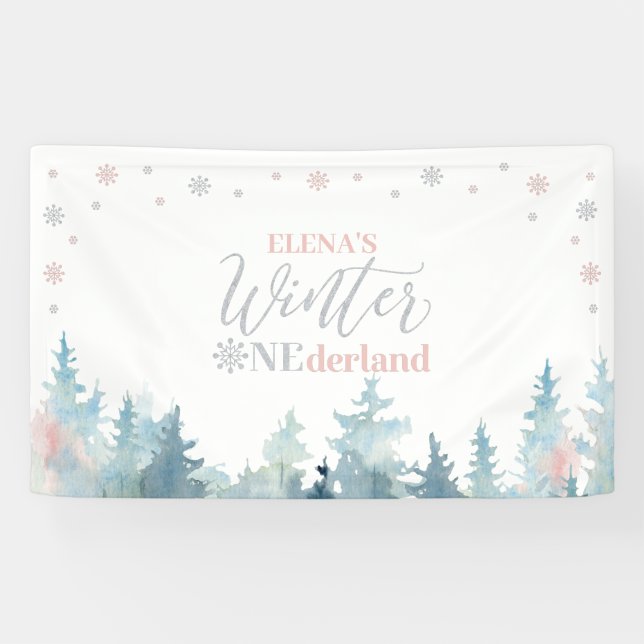 Silver & Pink Winter Onederland 1st Birthday Party Banner (Horizontal)
