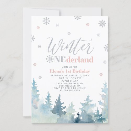 Silver  Pink Winter onederland 1st birthday party Invitation