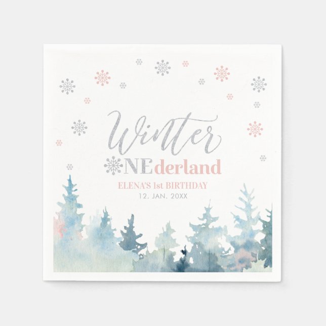 Silver& Pink Winter Onederland 1st Birthday Party Napkins (Front)
