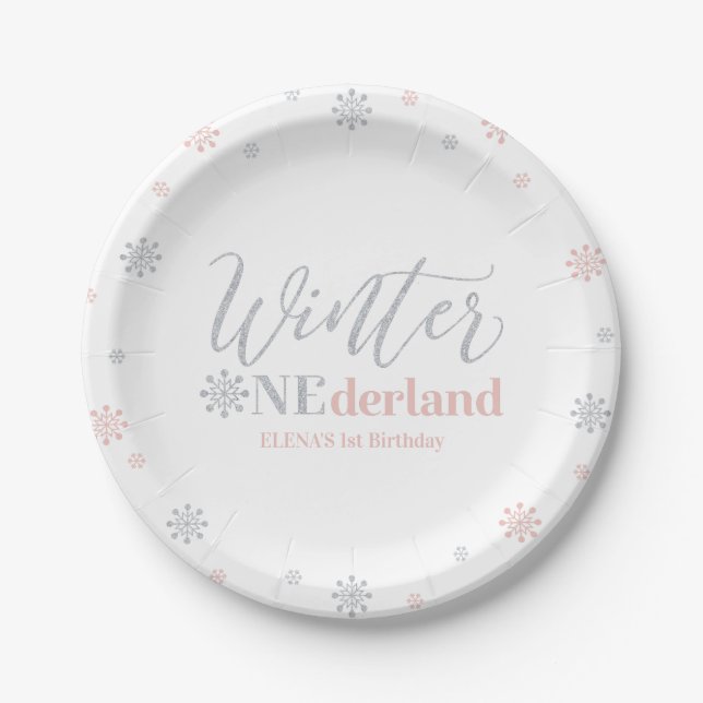Silver & Pink Winter Onederland 1st Birthday Party Paper Plates (Front)