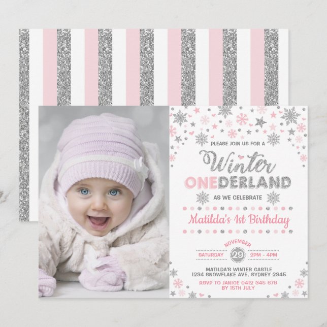 Silver Pink Winter ONEderland Birthday Snowflake Invitation (Front/Back)