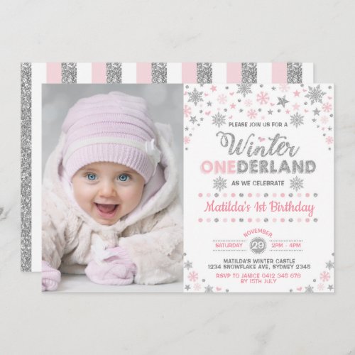 Silver Pink Winter ONEderland Birthday Snowflake Invitation