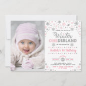 Silver Pink Winter ONEderland Birthday Snowflake Invitation (Front)