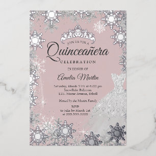 Silver Pink Winter Snowflake Quinceanera Foil Invitation