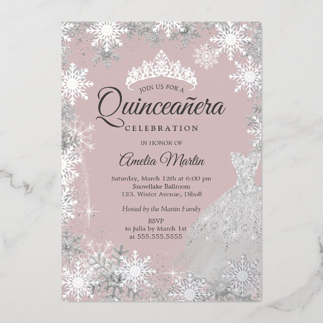 Silver Pink Winter Snowflake Quinceanera Foil Invitation (Front)