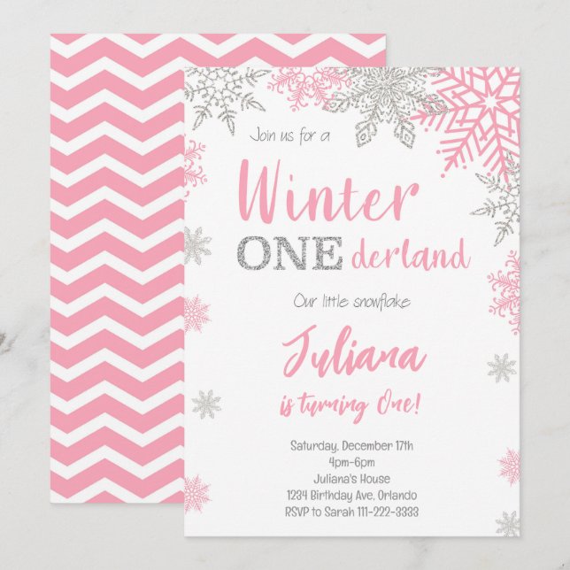 Silver Pink Winter Wonderland 1st Birthday Invite (Front/Back)