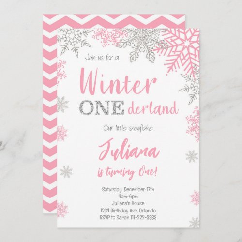 Silver Pink Winter Wonderland 1st Birthday Invite